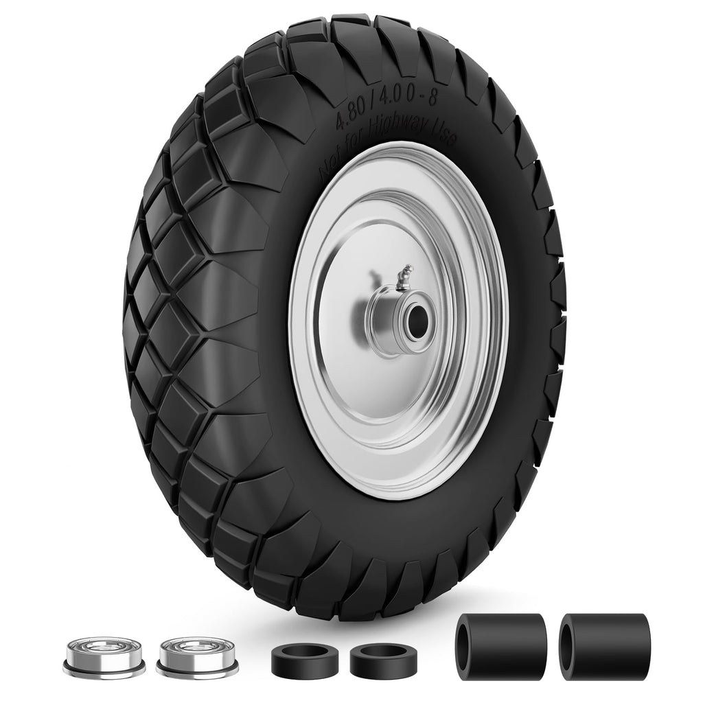 RONPOW 4.80/4.00-8 Flat Free Wheelbarrow Tire and Wheel, 16" Solid Puncture Proof Replacement Tires with 5/8" & 3/4" Bearings, 400Lbs Load, Universal Fit for Garden, Farm & Construction, 1Pack Black