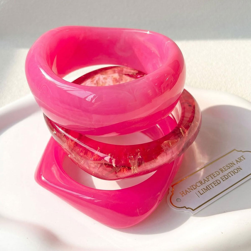 3PCS/Set Chunky Acrylic Resin Bangles Bracelets for Women, Irregular Geometric Designs, Fashion Thick Fuchsia Statement Stackable Bangle Set, Cute Trendy Jewelry, Summer Boho Bracelet Jewelry Gifts (Rose Red)