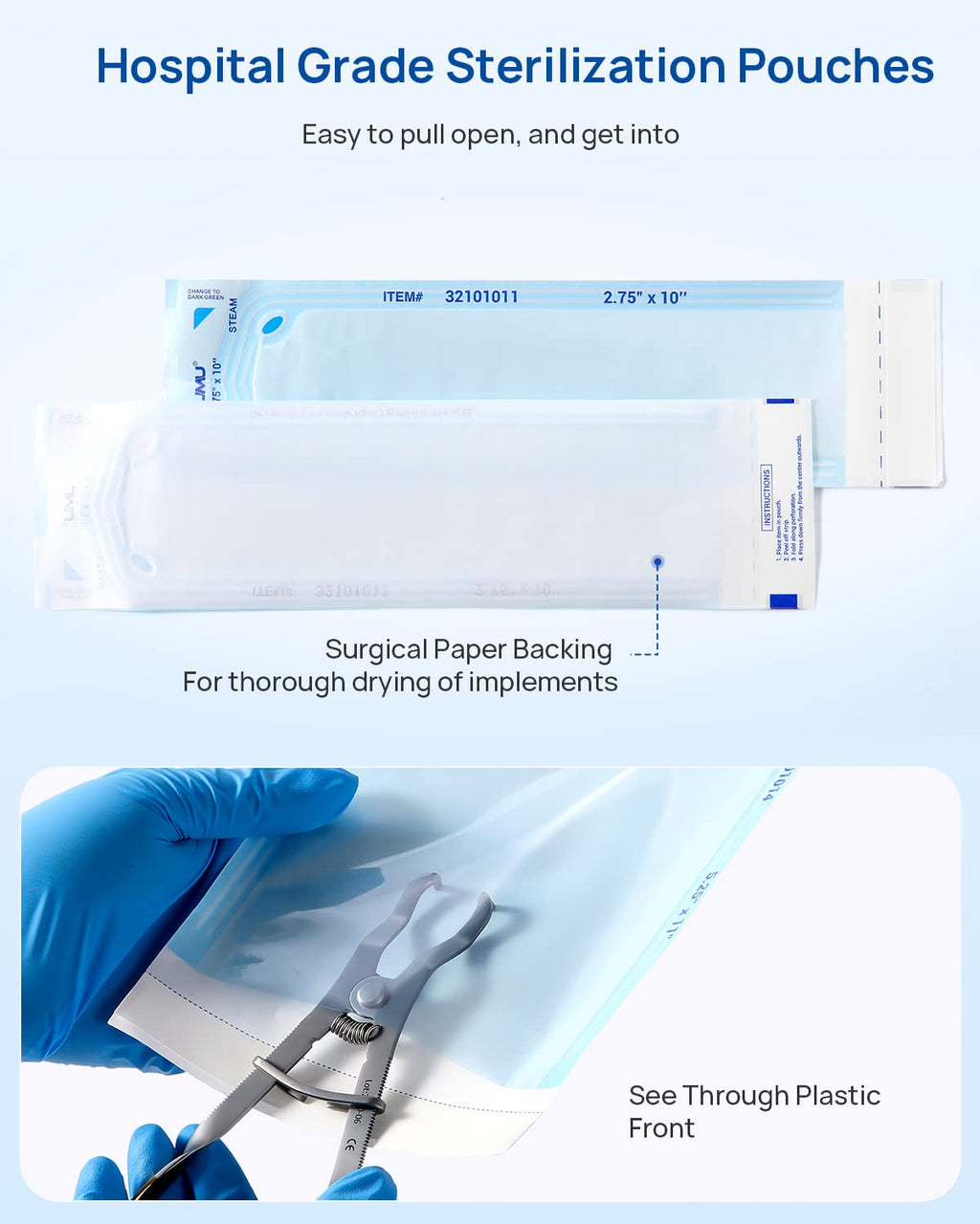 JMU 200 Self Sealing Sterilization Pouches, 5.25" x 11" Autoclave Bags