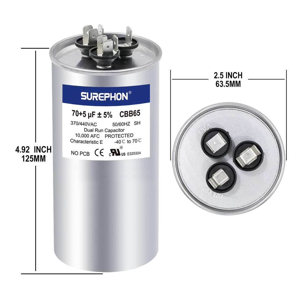 SUREPHON 70+5 uF 70/5 MFD ±5% 370V/440VAC Dual Run Start Capacitor CBB65 Works for AC Unit Fan Motor Start or Heat Pump or Condenser Straight Cool