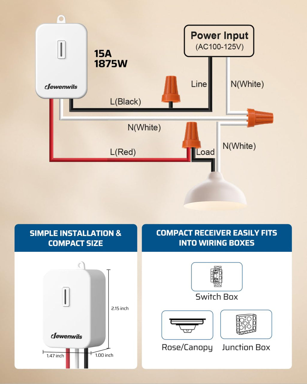 DEWENWILS Wireless Light Switch and Receiver Kit, 15A/1875W High Power, No Wiring, Magnetic Remote Control, 100FT Range, Programmable, for Ceiling Lights, Fans, Lamps