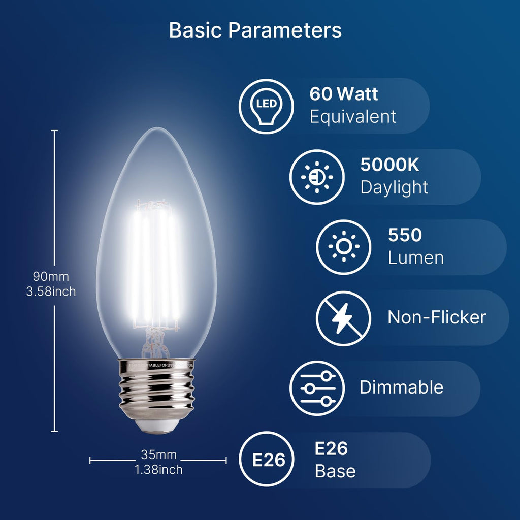 FLSNT B11 E26 LED Chandelier Light Bulbs, 60W Equivalent, 5000K Daylight Dimmable LED Candelabra Bulbs, 550LM, 48Pack UL,CA65 Listed.