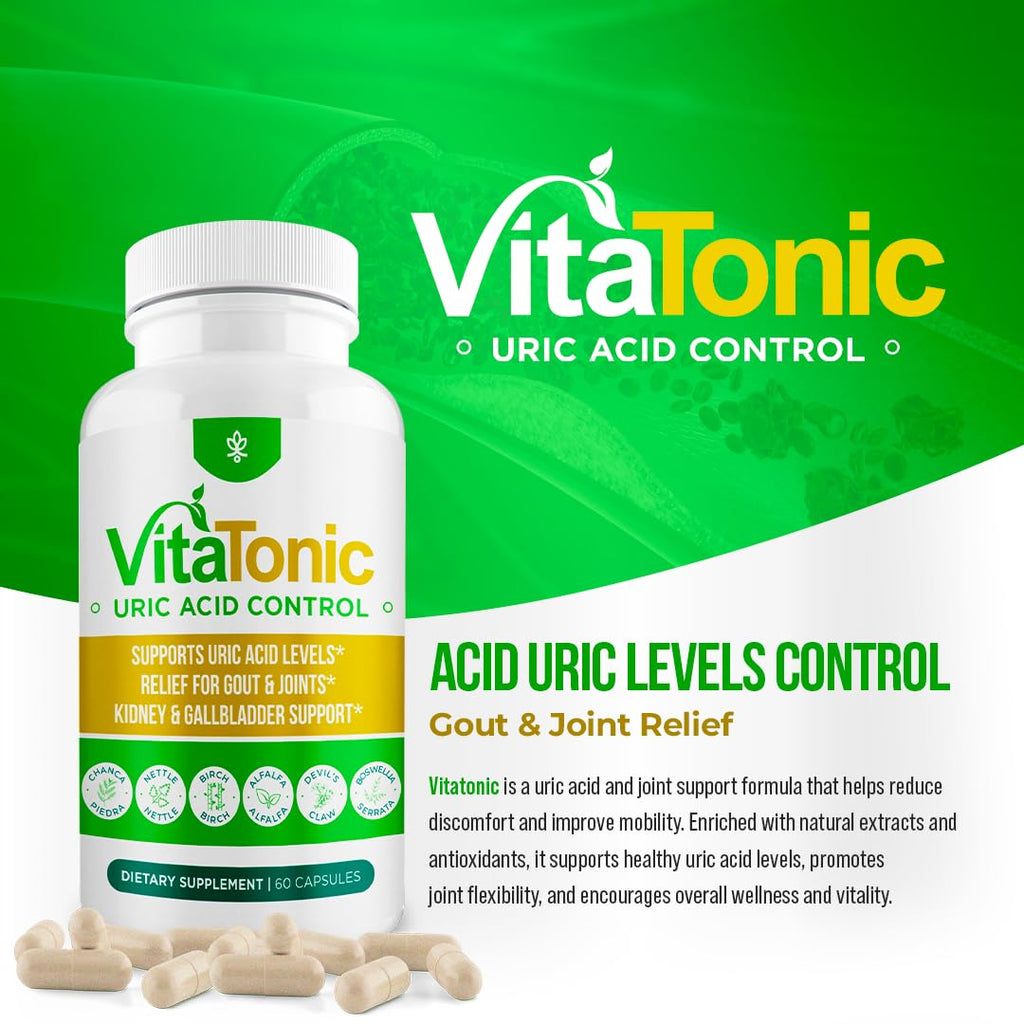AURA VITAMINS – Vitatonic Uric Acid Balancing Aid for Both Genders - Herbal Joint Care Detox Solution – Enhance Mobility - GMO-Free, Gluten-Free - 60 Capsules. (1)