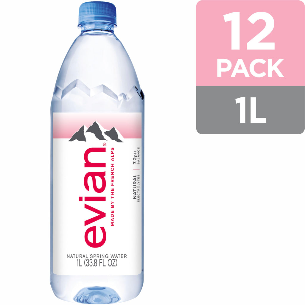 Evian Natural Spring Water (One Case of 12 Individual Bottles, each bottle is 1 liter) Naturally Filtered Spring Water in Large Bottles
