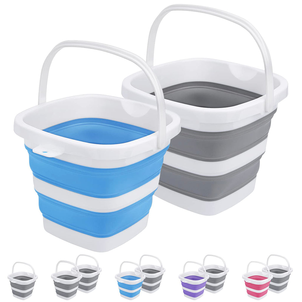2 Pack Collapsible Buckets 5L 1.3Gallon Small Cleaning Bucket for Household Portable Plastic Bucket Outdoor Car Washing Tub Foldable Camping Beach Sand Water Pot Pail Space Saving Square Grey and Blue