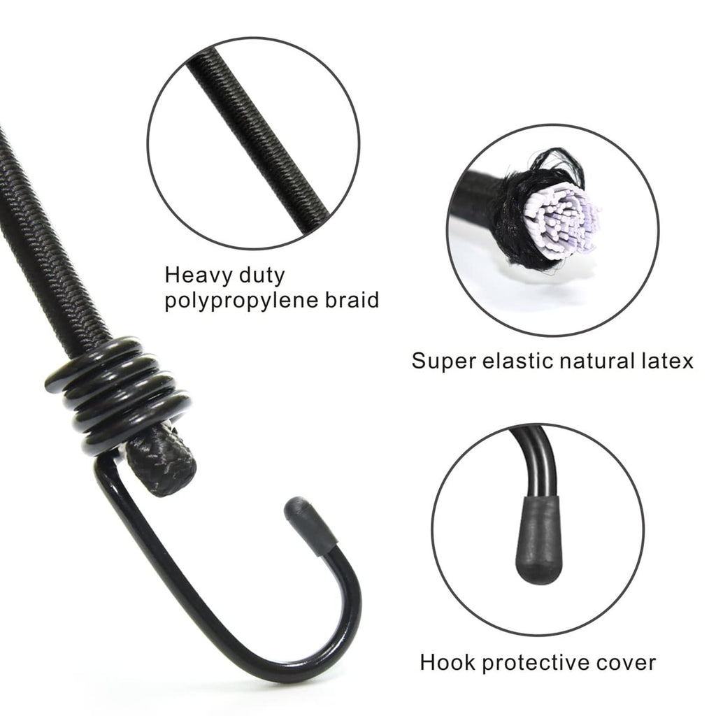 BEXSLE Bungee Cords with Hooks, Heavy Duty Outdoor Elastic Bungee Straps，No Odour Industrial Grade Bungee Rope for Securing Tarps, Luggage, Tents, Bikes or Garden Tidying 48inch 4Pcs (Black)