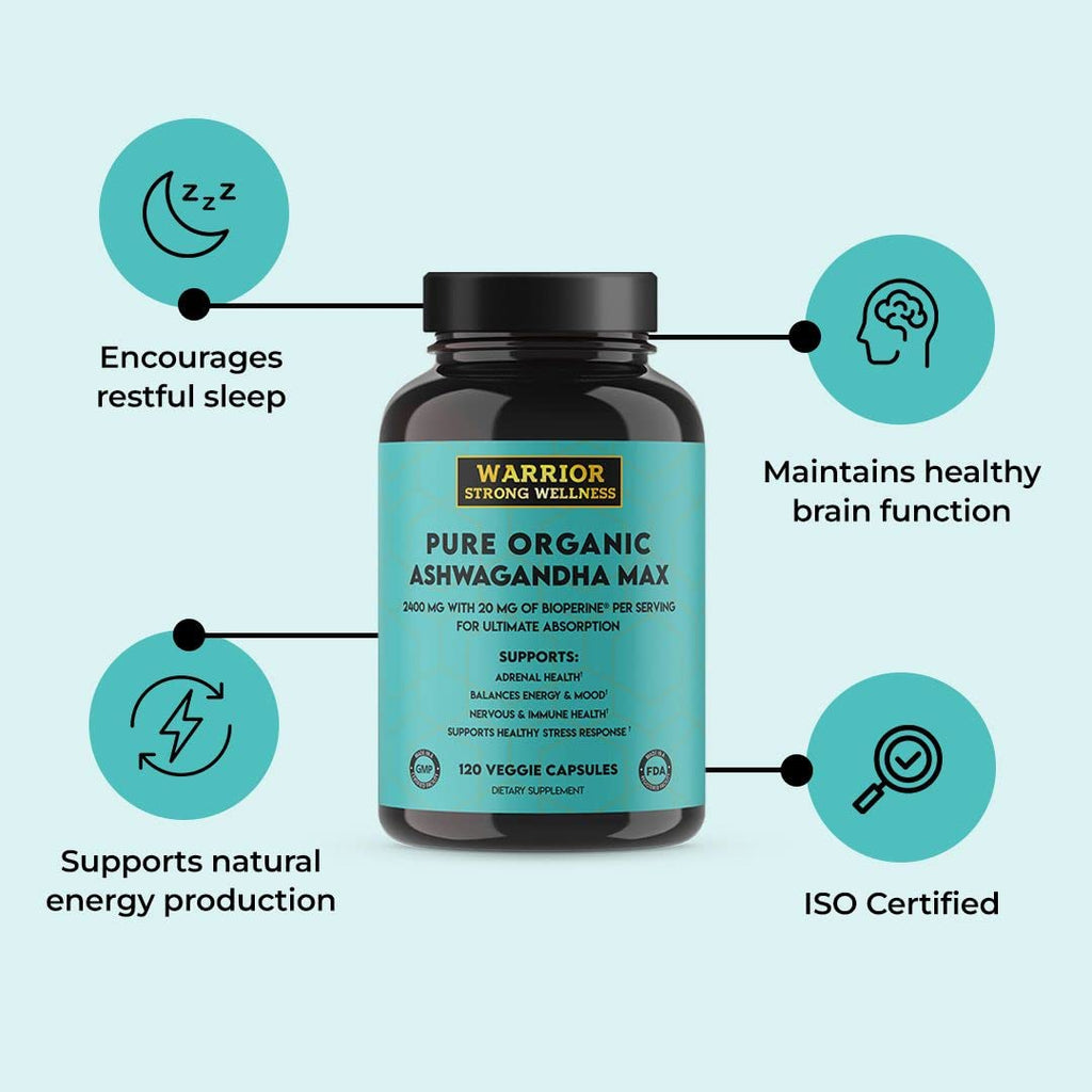 Warrior Strong Wellness Pure Organic Ashwagandha Capsules with Bioperine - 2400 mg - 120 Capsules - Healthy Stress Response and Mood Boost, Immune Health, Better Sleep