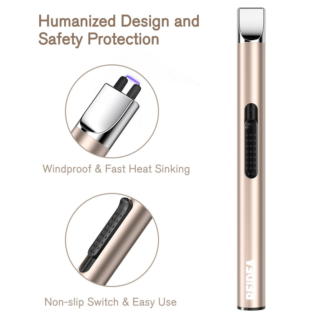 REIDEA Electronic Candle Lighter - USB Rechargeable with Security Lock, Windproof, Non-Slip Switch for Candle, Grill, Camping (Champagne Gold + White)