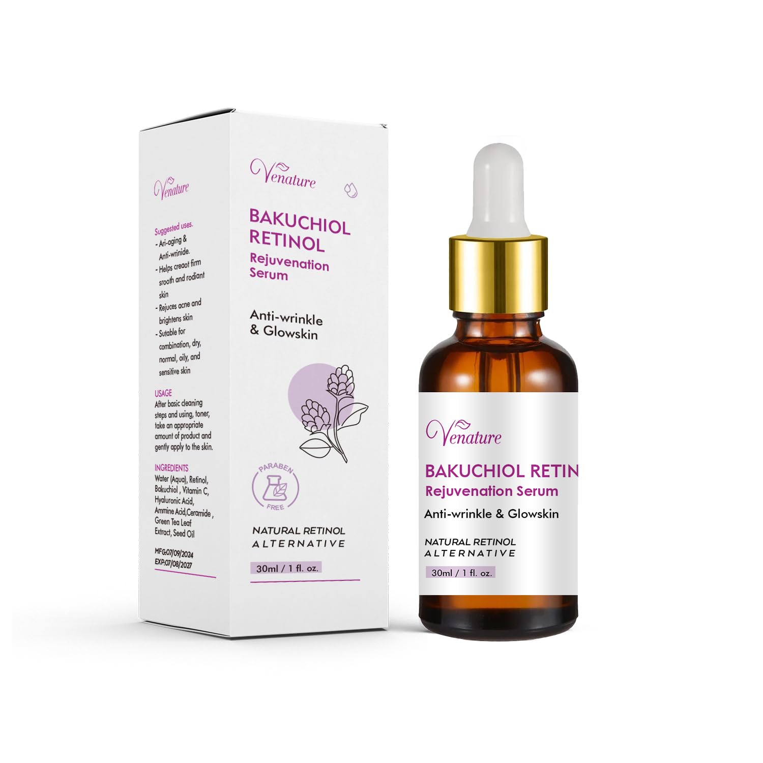 Venature Bakuchiol Retinol Rejuvenation Serum,2025 Best Retinol Serum for Wrinkles Bakuchiol Face Korean,