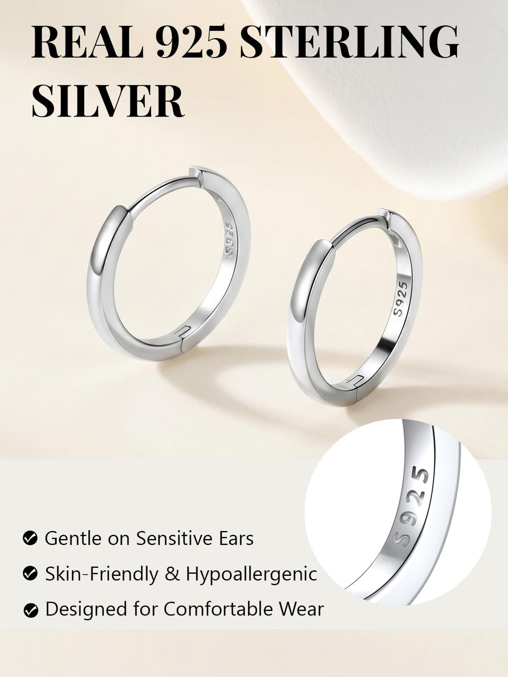 Silvora Sterling Silver Hoop Earrings for Women, 8mm Small Silver Hoops Huggie Earrings Lightweight Cartilage Earring for Sensitive Ears