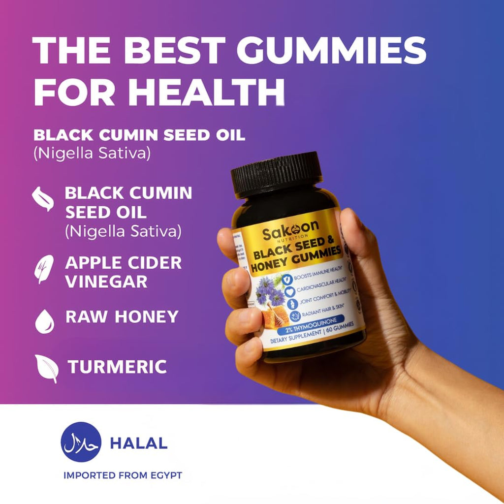 Sakoon nutrition Black Seed Oil Gummies with Honey and W/ 2%+ THYMOQUINONE - Nigella Sativa Seeds - Super antioxidant for Immune Support, Joints, Digestion, Hair & Skin - 60 Gummies