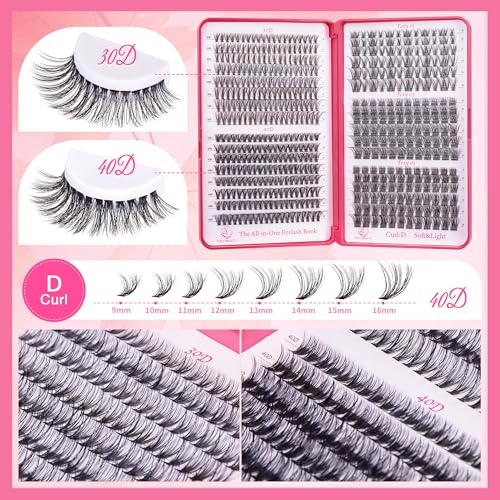 Lash Clusters Kit - 30D 40D Lash Clusters WideSpan 8-16MM Eyelash Clusters D Curl Lash Extension Kit Natural Wispy Eyelash Extension Kit Lashes Clusters with Bond Seal Cluster Eyelash Extensions DIY