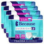 Because Overnight Absorbency Pull Ups - Adult Disposable Incontinence Underwear, Extra Absorbent Nighttime Briefs for Men and Women, White, Large, 80 Count (4 Packs of 20)