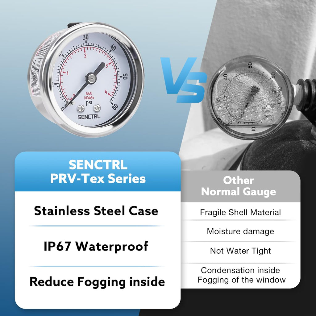 SENCTRL 0-60 Psi Low Pressure Gauge, 1/4 NPT Back Mount