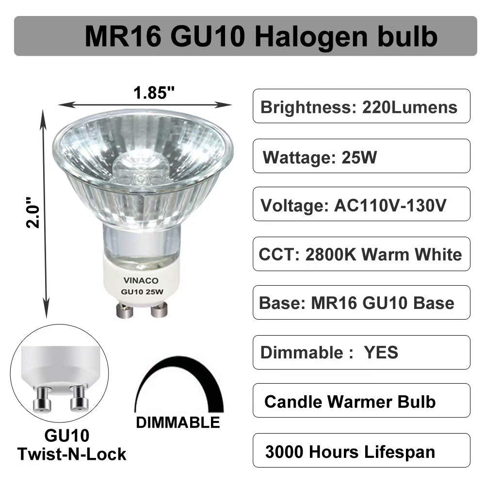Vinaco GU10 C 120V 25W Bulb Candle Warmer, 6PCS High Output 220LM Halogen GU10 25 Watt Flicker Free, Long Lasting MR16 GU 10 Bulb Dimmable with Warm White 2800K for Candle Warmer Lamp, Track Lighting