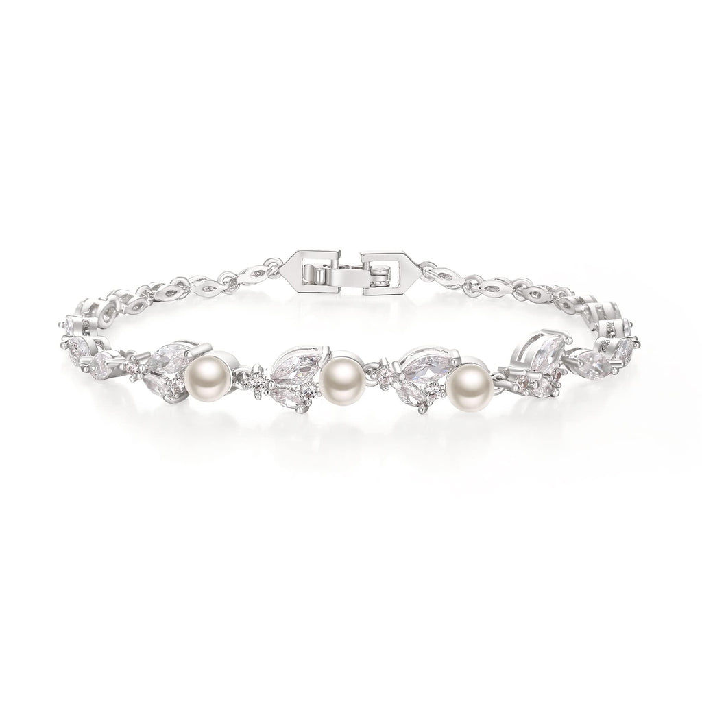 Crysdue Simulated Pearl CZ Wedding Leaf Tennis Bracelet for Women Clear