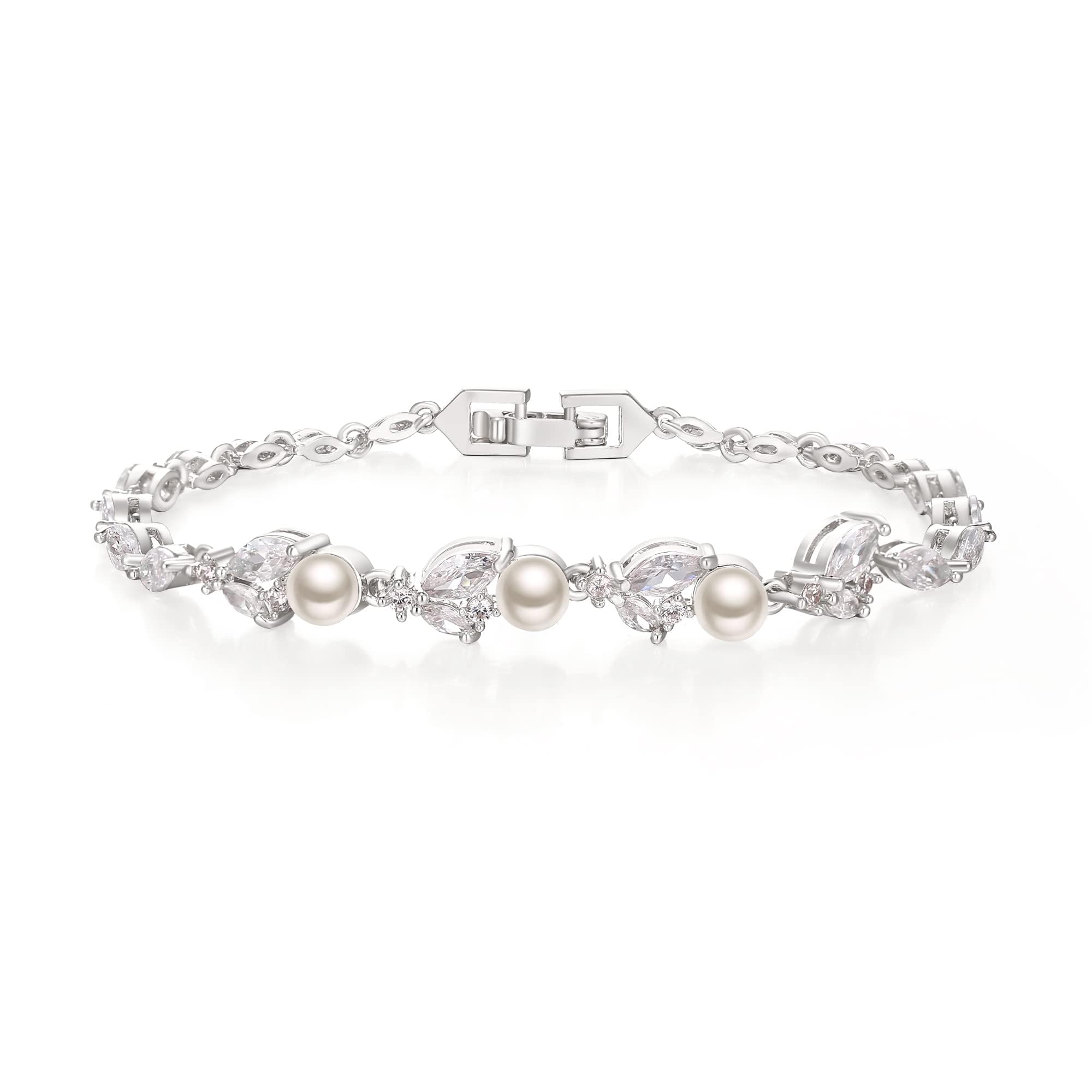 Crysdue Simulated Pearl CZ Wedding Leaf Tennis Bracelet for Women Clear