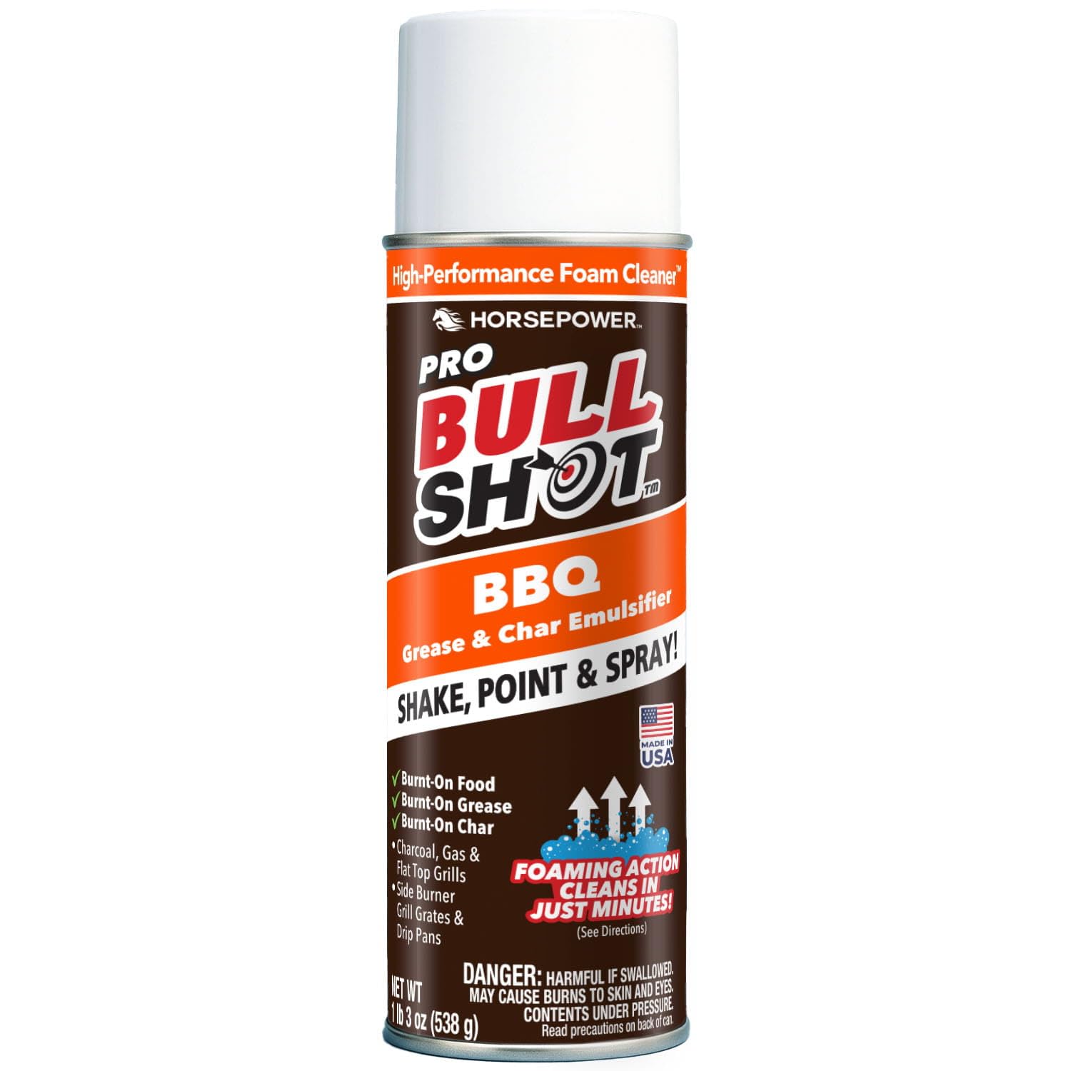 Bull Shot BBQ Pro, Foaming Grill Cleaner, AS SEEN ON TV, Professional Strength Foam Spray Emulsifies Burnt Grease & Char on Grates, Racks, Pans, Smokers & Griddles Cleans in Just 10 Min - Made in USA