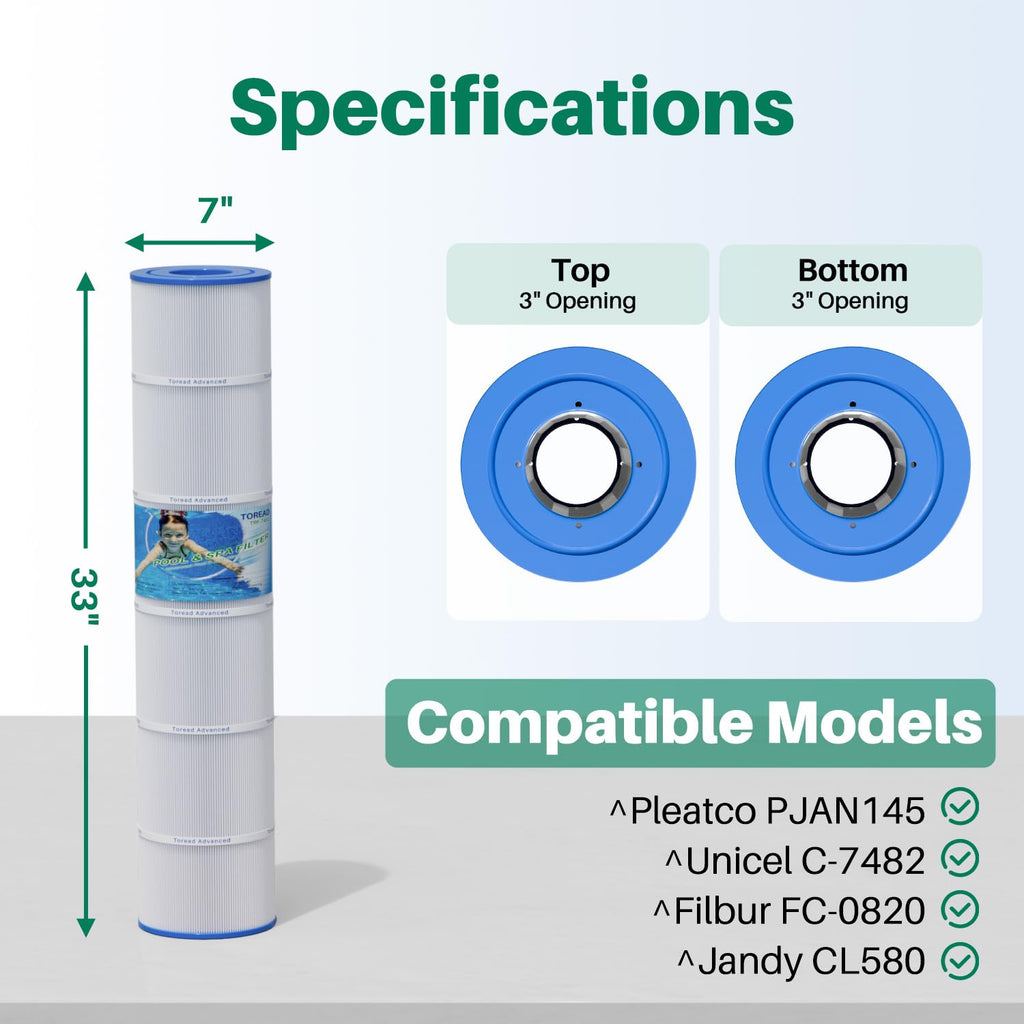 TOREAD PJAN145 Pool Filter Replaces Jandy CL580, CV580, Unicel C-7482, Ultral-A10, Filbur FC-0820, A0104100, R0357900, Filbur FC-6415, SD-01109, 145 sqft Filter Cartridge 4 Pack