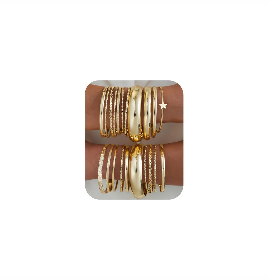 ÌF ME Gold Bangle Bracelets for Women, 19Pcs Multi Stackable Textured Bangles Set, Statement 14K Gold Plated Chunky Star Bracelet Stack Boho Jewelry Gifts