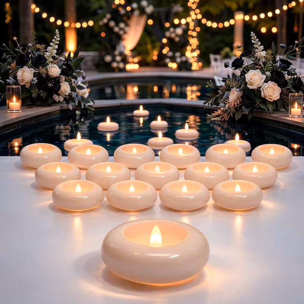Aignis 24 Pack Waterproof Flameless Floating Candles, 200-Hour Battery Operated 2.2" LED Tea Lights, Water-Activated Flickering Warm White Glow for Halloween, Wedding Centerpieces, Pool