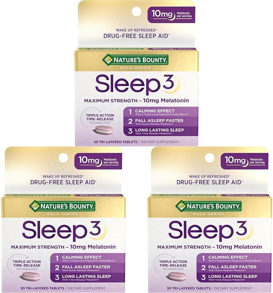 Nature's Bounty Melatonin, Sleep3 Maximum Strength 100% Drug Free Sleep Aid, L-Theanine & Nighttime Herbal Blend Time Release Technology, 10mg, 30 Tri-Layered Tablets (Pack of 3)