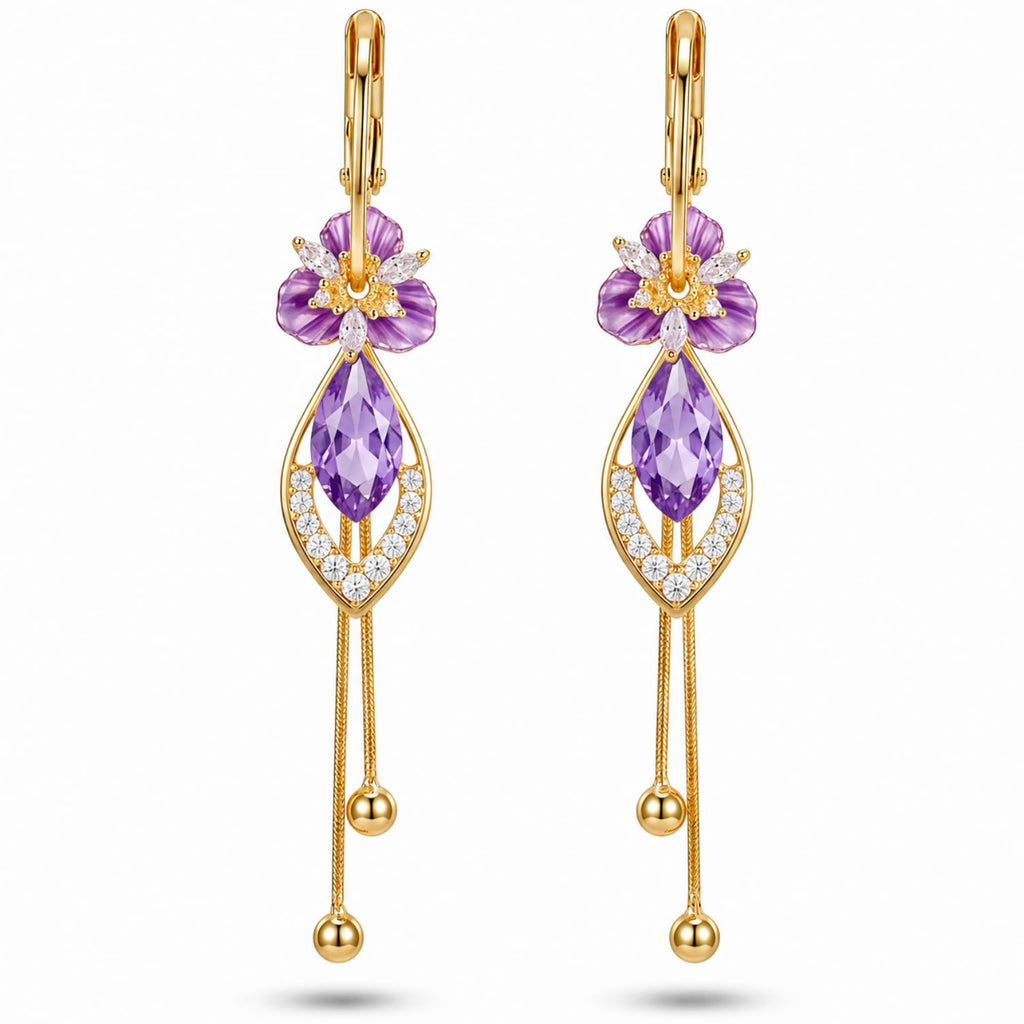 14K gold plated Purple Flower Dangle Chandelier Drop Earrings for Women Hypoallergenic Cubic Zirconia Elegant Statement Jewelry Gifts