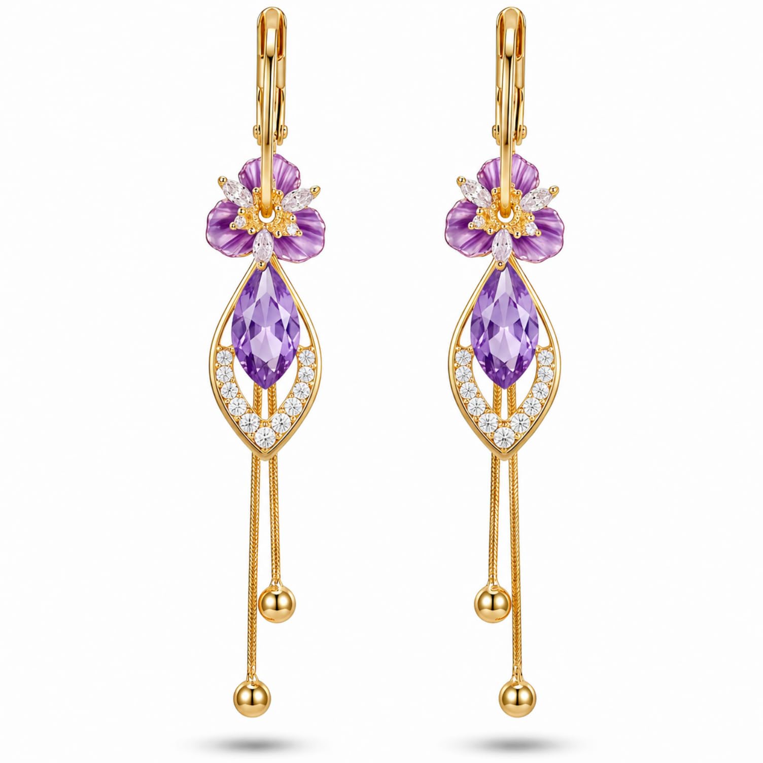 14K gold plated Purple Flower Dangle Chandelier Drop Earrings for Women Hypoallergenic Cubic Zirconia Elegant Statement Jewelry Gifts