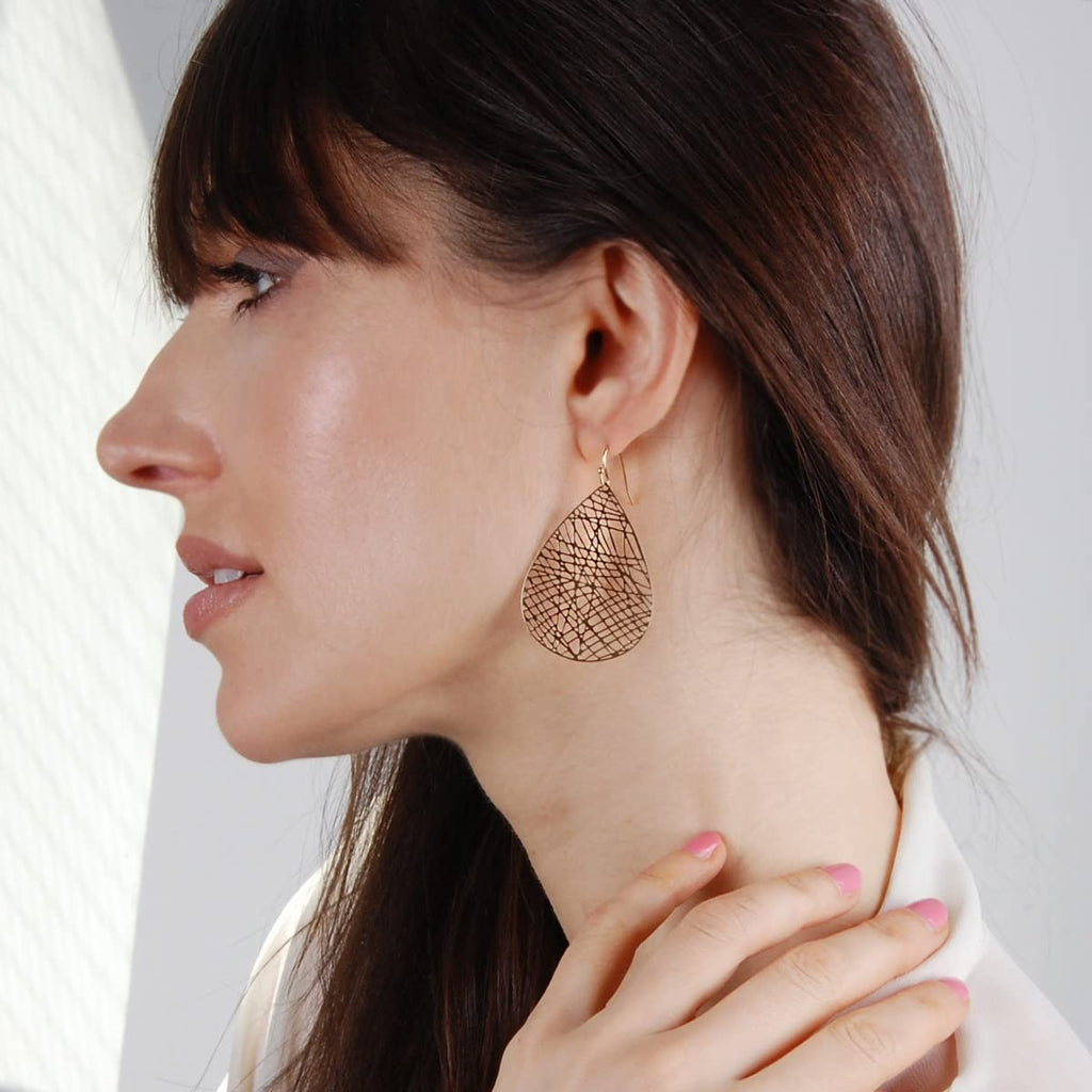 Gold Tone Dangle Earrings for Women - Large Filigree Boho Dangly Teardrop