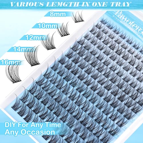 Pawotence Lash Clusters Kit Wispy Lash Extension Kit 8-16mm Natural Cluster Eyelash Extension Kit Individual Lashes 154pcs C Curled Eyelash Clusters with Lash Bond and Seal, Lash Tweezers for Self Use