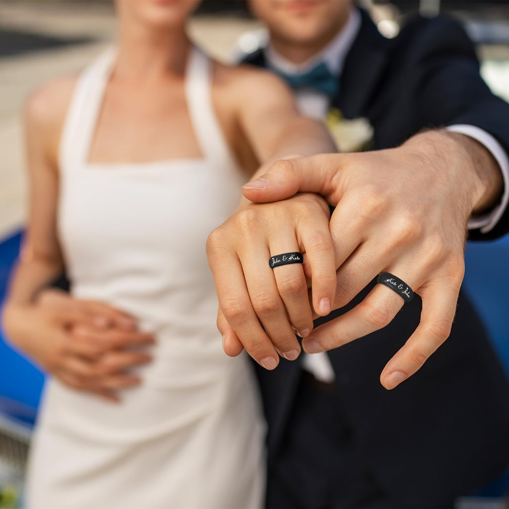 3UMeter 2Pcs Personalized Silicone Rings for Couples Custom Breathable Rubber Wedding Bands Men Women Engrave Silicone Wedding Bands for Him and Her Birthday Christmas Gift for Husband Wife