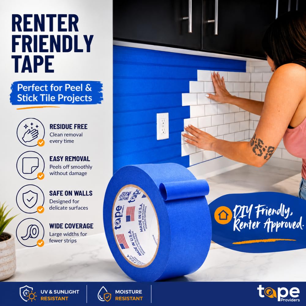 Made in USA Blue Painter’s Tape - 1 inch x 60 yds. (12 Pack) Thick & Wide Masking Tape for Safe Wall Painting, Building, Remodeling, Labeling, Edge Finishing