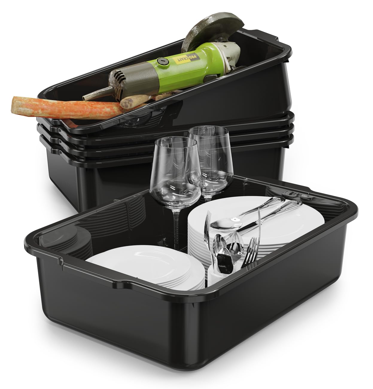 5-Pack 13 L Commercial Bus Tubs/Tote Box, Black Plastic Storage Wash Basin Tub