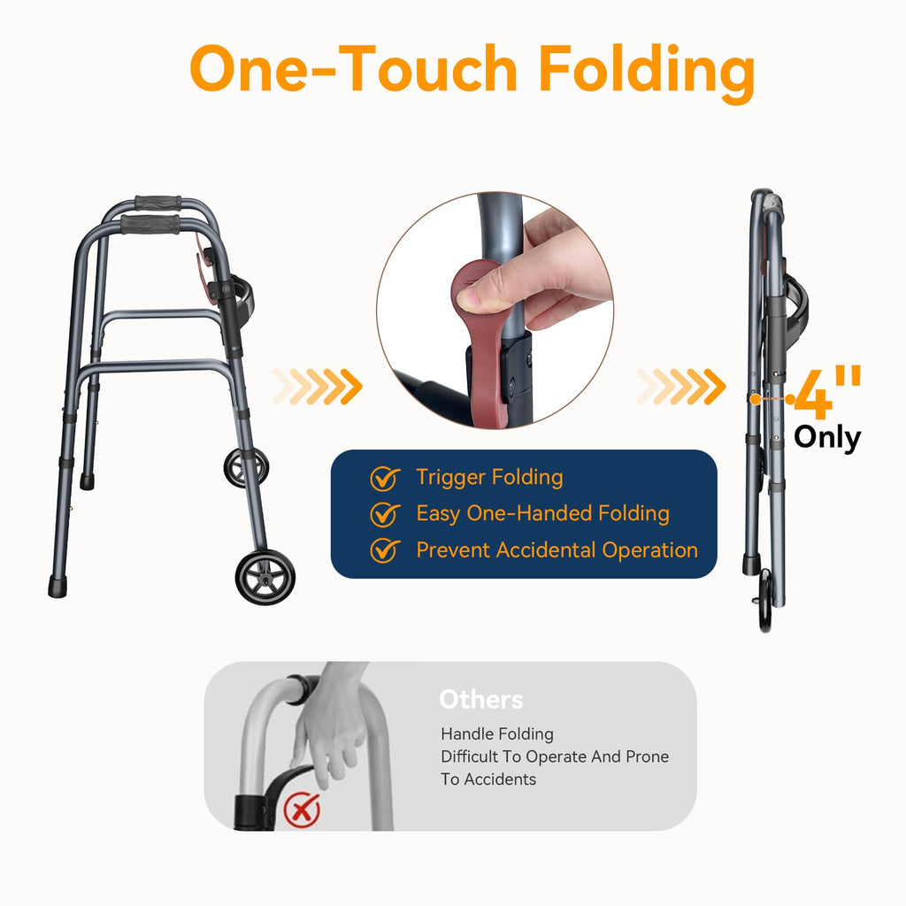 Folding Walker for Seniors, Rolling Walker with 8 Height Adjustments, One-Hand Folding, 300lbs Capacity, Lightweight Aluminum Front Wheel Walker for Elderly Adults and Handicap