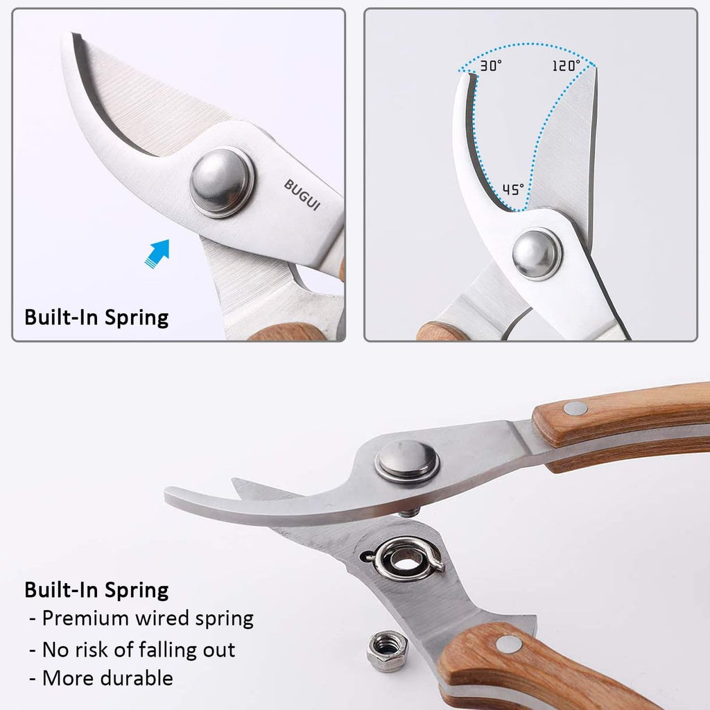BUGUI Wood Handle Pruning Shears, SK-5 Steel Blade, 1-inch Cutting Capacity, Sharp, Well Designed Garden Shears, 8"