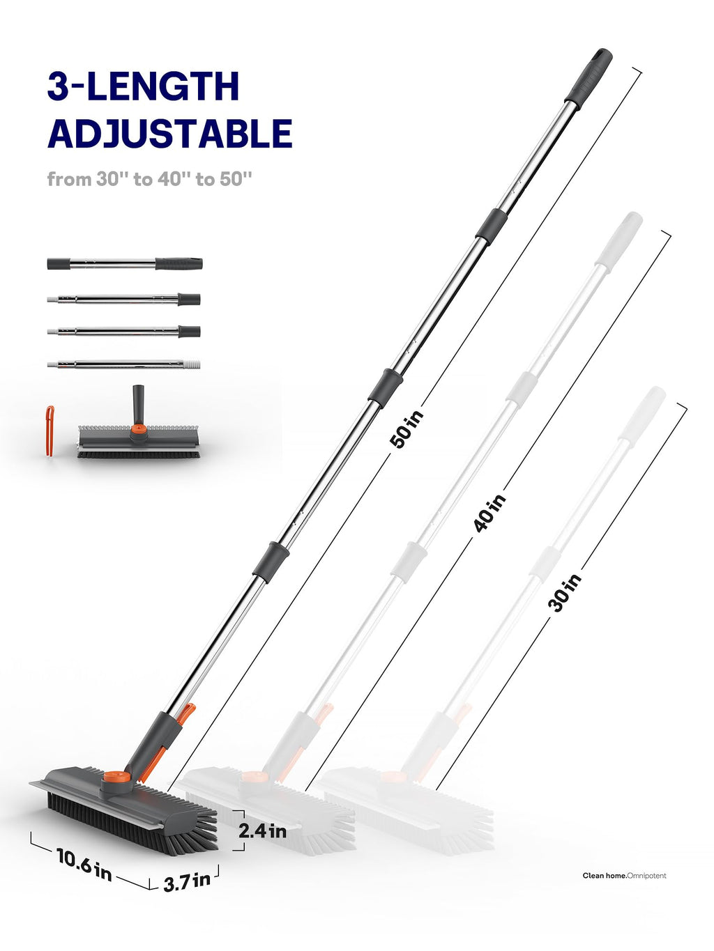 HelpX Floor Scrub Brush with Long Handle, 3 in 1 Multi-angle Swivel Right Angled Bristle Floor Scrubber Brush with Squeegee and Tweezer for Cleaning Tile Wall Deck Bathroom Patio Garage Kitchen (Grey)