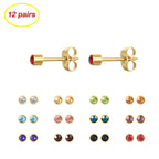 JUSTJANDM 12 Pairs Ear Piercing Stud Earrings for Ear Piercing Guns, Surgical Stainless Steel Multicolor Round Heart Star Cubic Zirconia Birthstone Stud Earrings Set (Gold round 4mm)