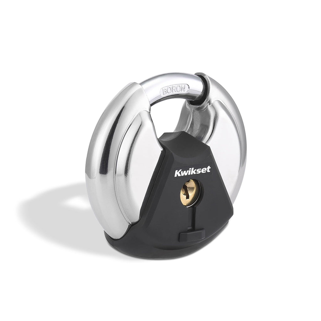 Kwikset Discus Padlock with Boron Carbide Shackle, High Security Outdoor Storage and Gate Lock, 2-3/4 in Body, 1 Pack, Silver