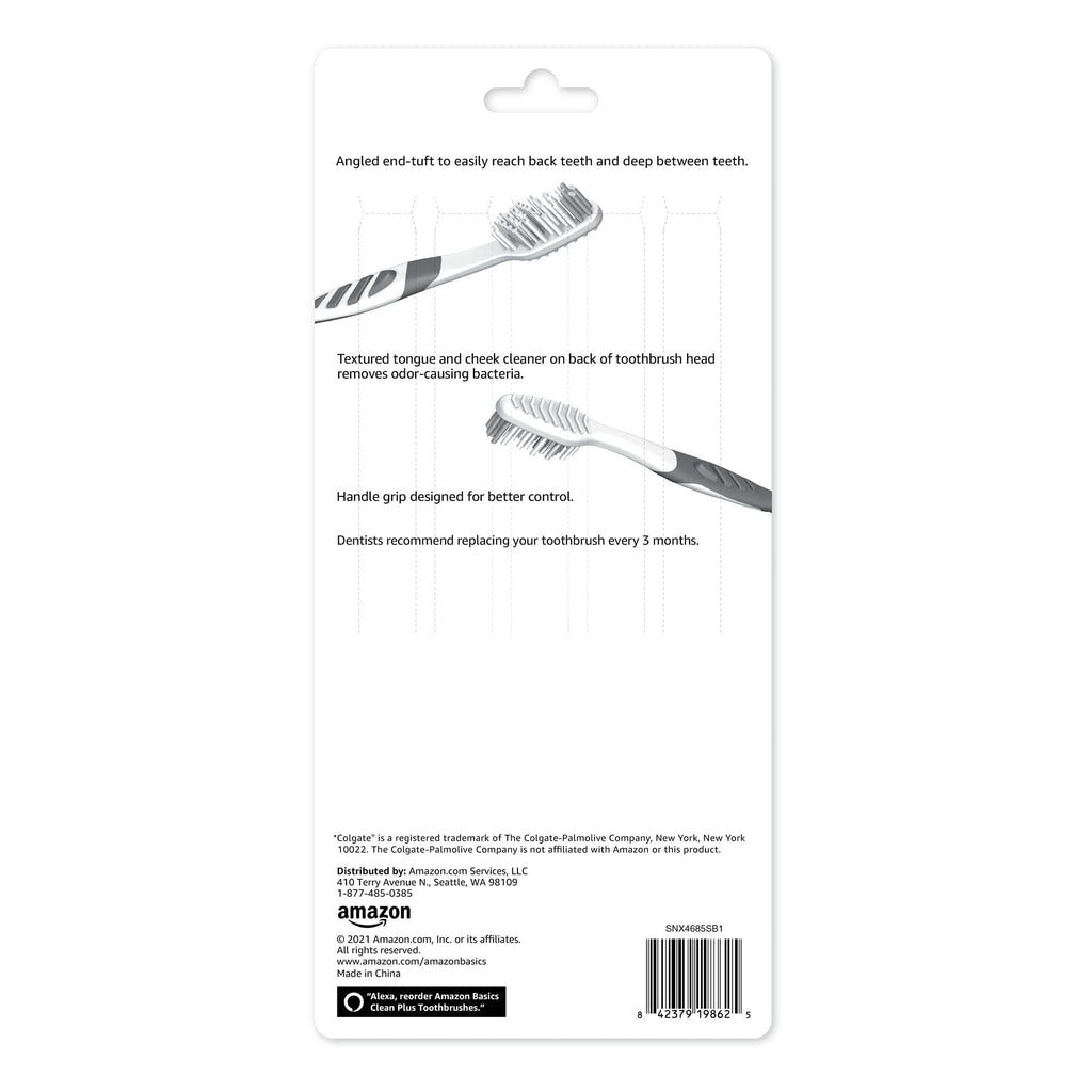 Amazon Basics Clean Plus Soft Bristle Toothbrushes with Angled End-Tuft, Cheek and Tongue Cleaner, Full Size, 10 Count, 1 Pack (Previously Solimo)