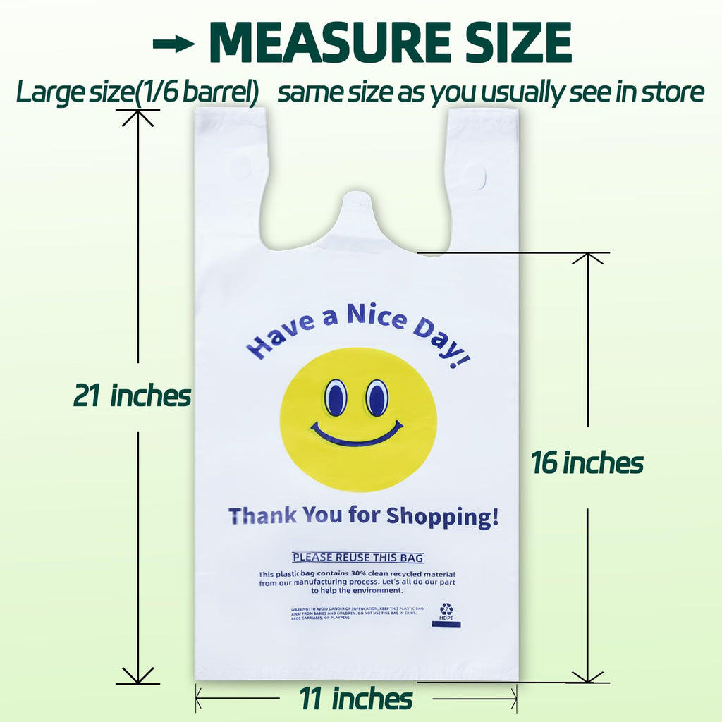 YovhVon 0.8Mil(20 Microns), 300 Count, Plastic Bags with Handles, T-Shirt bags, Thank You bags, Shopping Bag, Grocery Bag, |for Store, Carry, Pack|, White, 1/6 Barrel, Large 11"x6"x21", Heavy Duty
