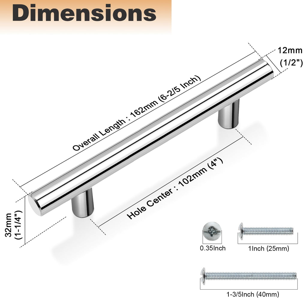 Probrico 5 Pack| Chrome Cabinet Pulls 4" Hole Centers, Polished Chrome Cabinet Hardware Stainless Steel Kitchen Cabinet Handles Dresser Pulls T Bar Style