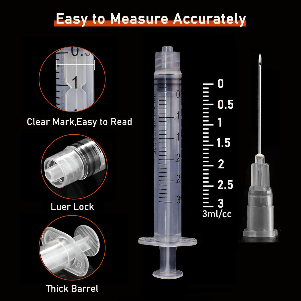 50 Pack 3ml/cc Disposable Luer Lock Lab Syringes with 22Ga 1.0 Inch Needle