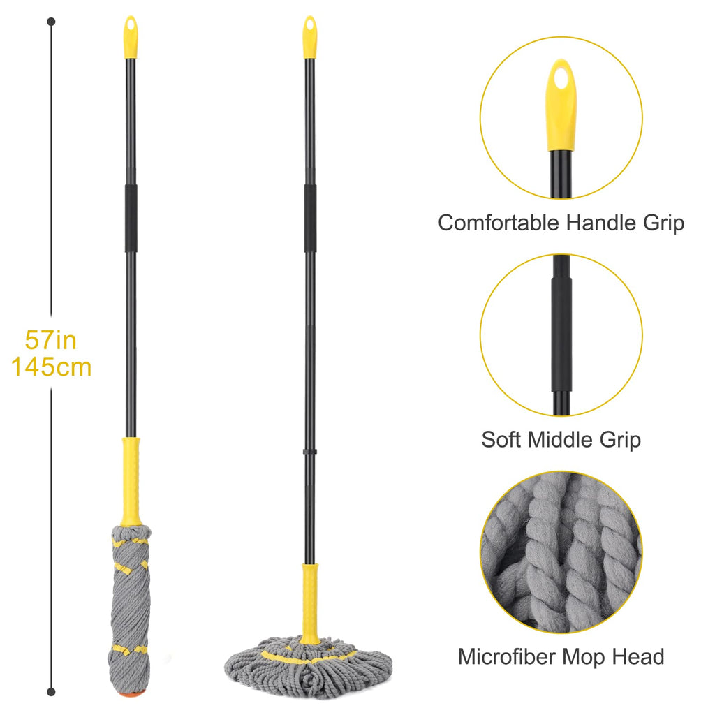 Self-Wringing Twist Mops for Floor Cleaning, Microfiber Floor mop with 57 " Long Handle, Easy Wringing Mop for Hardwood Commercial Household Clean (Gray Twist Mop)