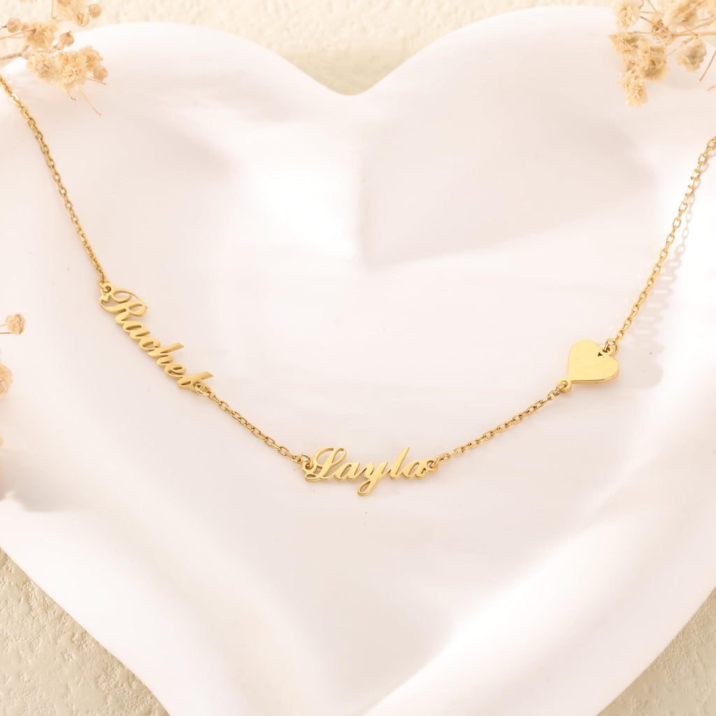 Elemtansy Custom Name Necklace with 1-3 Tiny Names - 18K Gold-Plated Family Necklace Personalized with Heart, Cross, Paw Print - Birthday Jewelry Gifts for Mom, Wife (2 Tiny Names + Symbol)