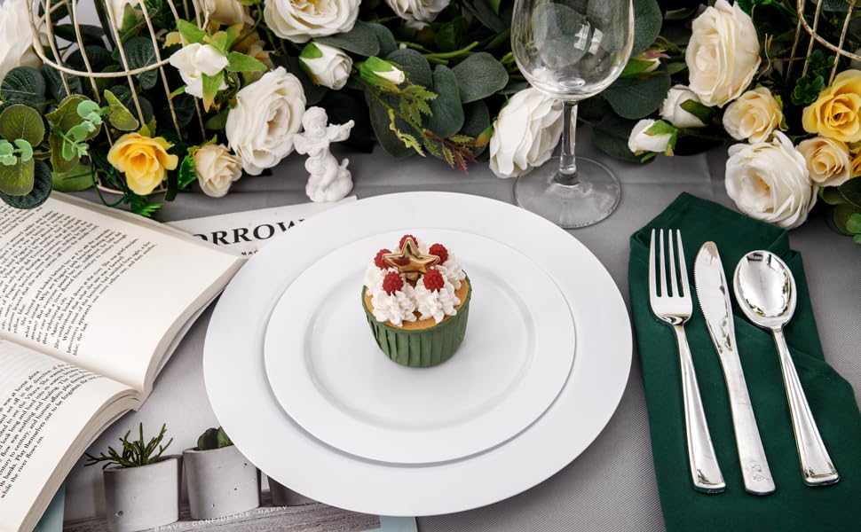 FLOWERCAT 60PCS White Plastic Plates - Heavy Duty White Disposable Plates for Christmas/Thanksgiving Party/Wedding -serve for 30 guests Include 30PCS 10.25" & 30PCS 7.5" Plates for Party