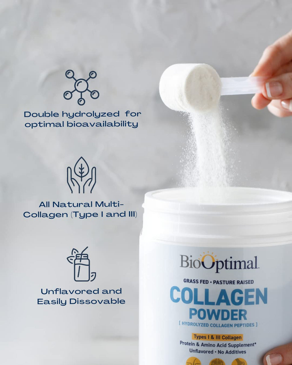 BioOptimal Collagen Peptides Powder - Grass-Fed, Pasture-Raised Hydrolyzed Protein Supplement for Skin, Hair, & Nails - Non-GMO, Zero Sugar Daily Supplement for Men & Women (30 Servings)