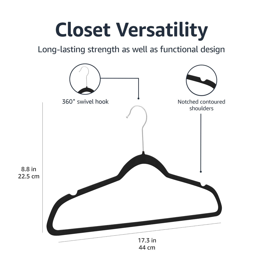 Amazon Basics Slim Velvet Non-Slip Space Saving Suit Clothes Hangers for Closet Organization, Black/Silver, 30-Pack