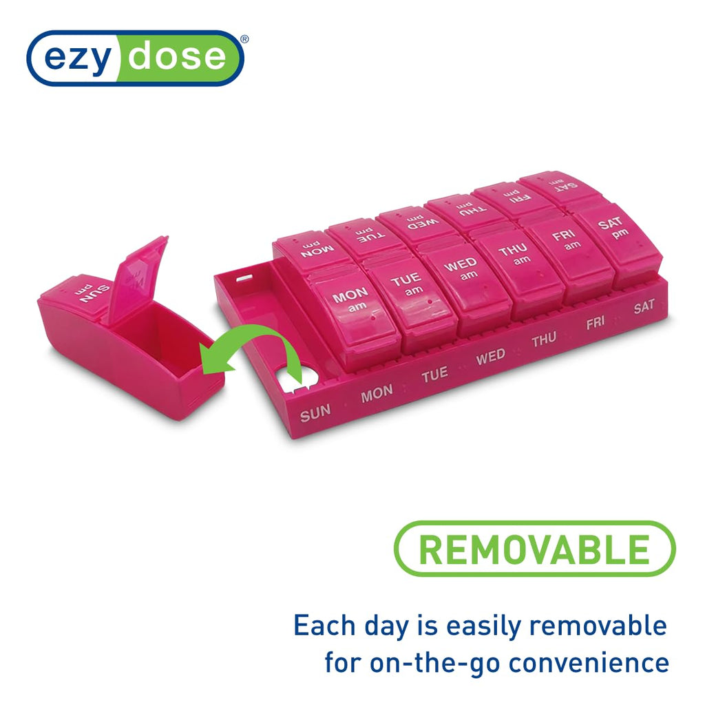 EZY DOSE Weekly, AM/PM Daily Pill Organizer, 7-Day Medicine Planner, Vitamin Container, Small Pop-Out Compartments, 2 Times a Day Pill Holder, Pink, Travel-Friendly, BPA Free