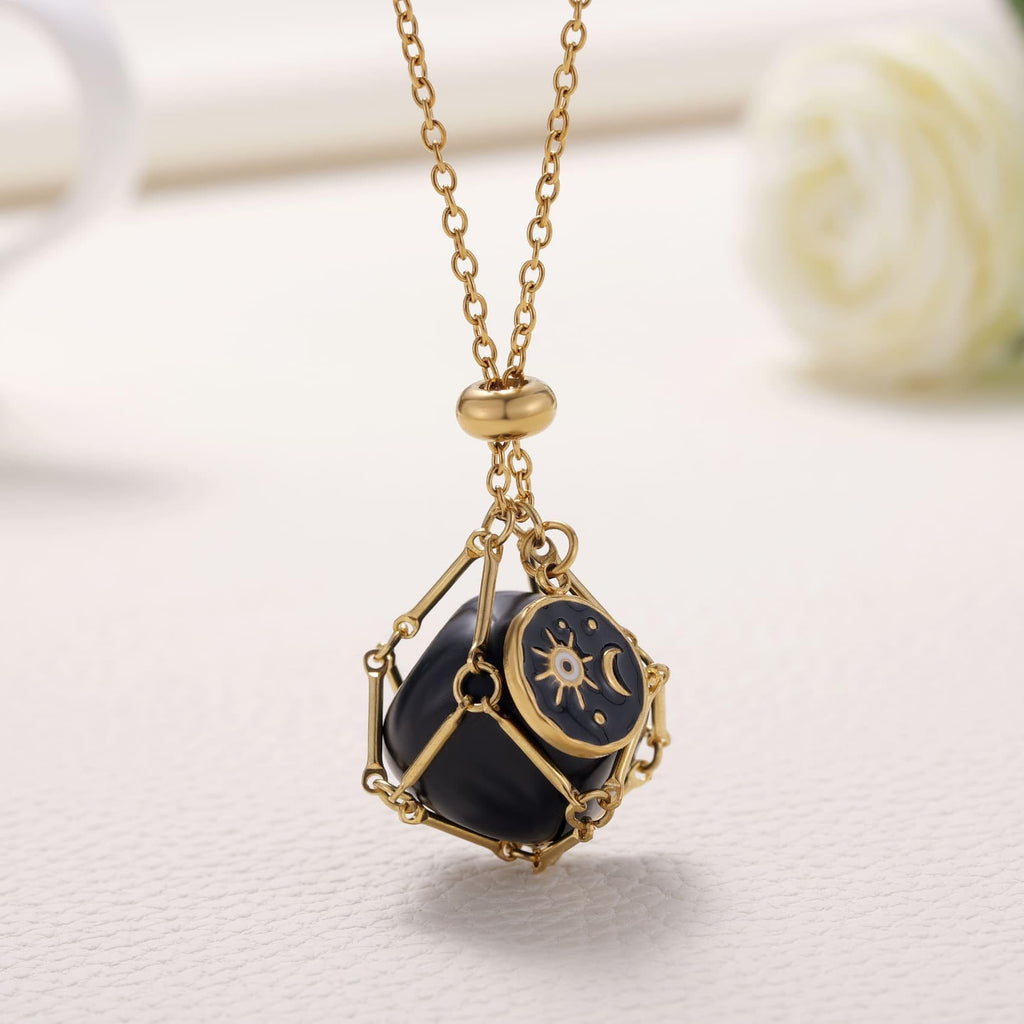 MIXJOY Black Obsidian Crystal Necklace, Sun and Moon Celestial Pendant Gothic Jewelry for Women, Dark Academia Aesthetic Black Gemstone Protection Gift for Halloween Christmas Birthday, Small