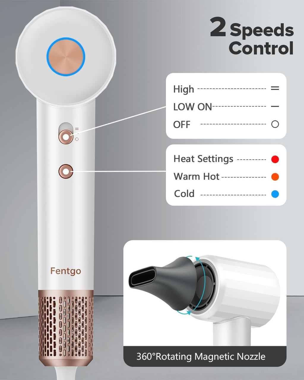 FENTGO Negative Ionic High Speed Hair Dryer, Professional Brushless Blow Dryer with Diffuser and Nozzle for Fast Drying, 2 Speeds & 4 Temps Thermo-Control, Lightweight & Quiet for Home & Travel